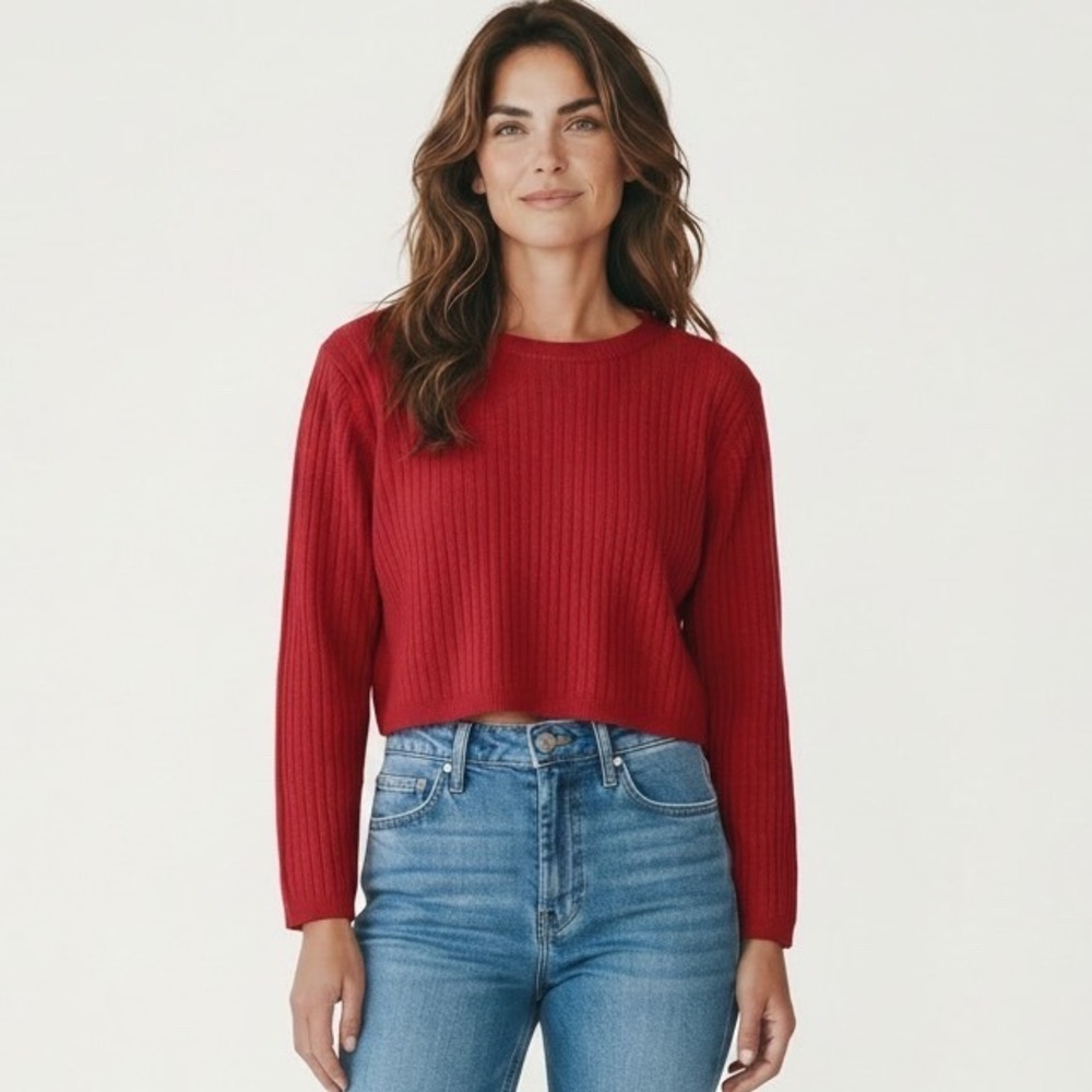 Babaton Aritzia Red Ribbed Knit Cropped LS Sweater Women L Contemporary Designer